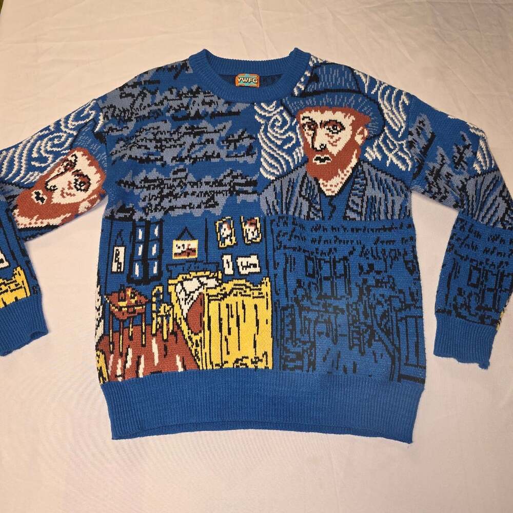 Ywfg Van Gogh Bedroom And Portrait Art Graphic Knit Blue Sweater M